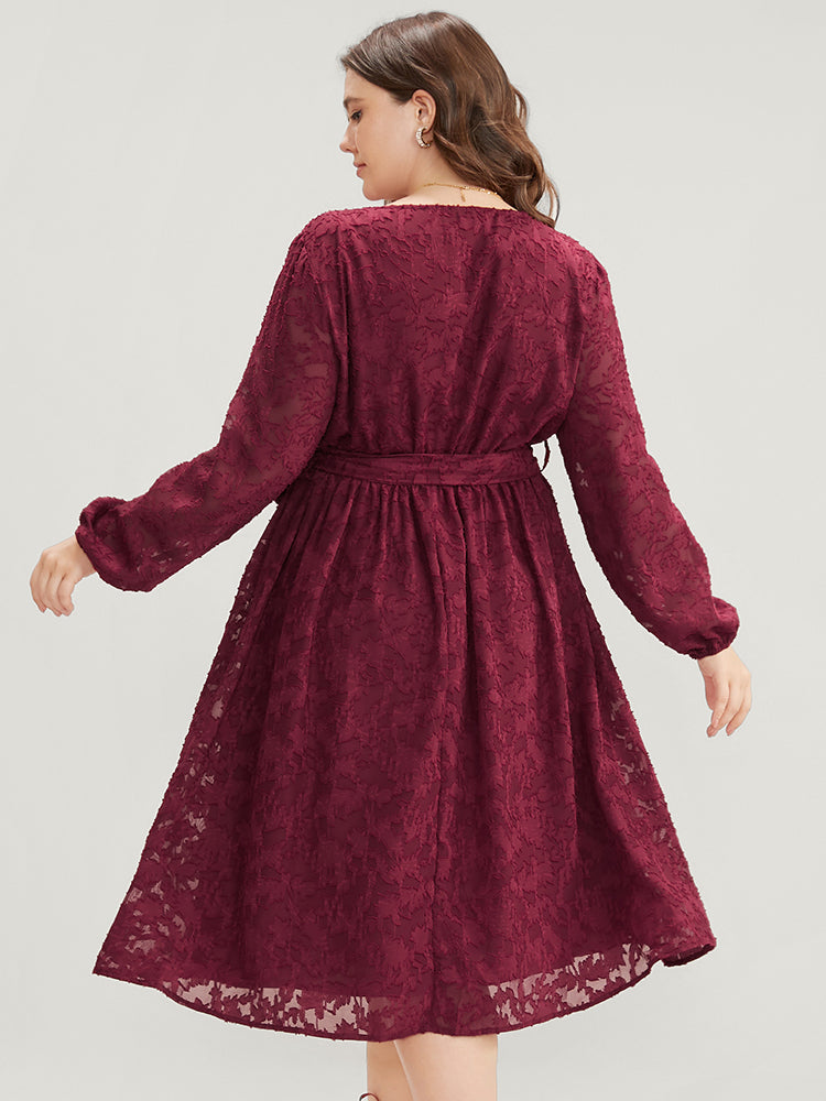 Floral Pocket Lantern Sleeve Belted Surplice Neck Dress