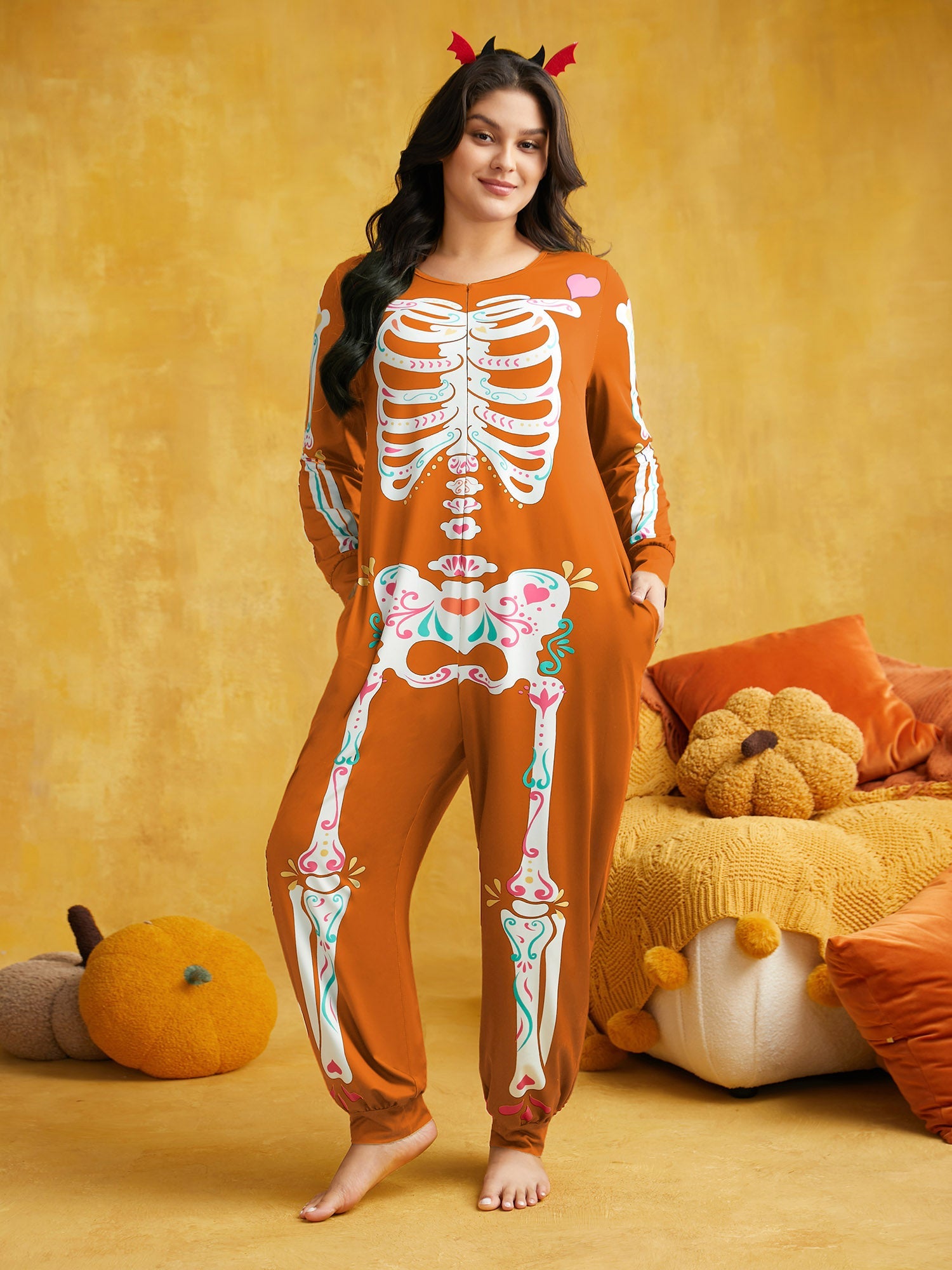 Skeletal Rib Print Hidden Zipper Lounge Jumpsuit