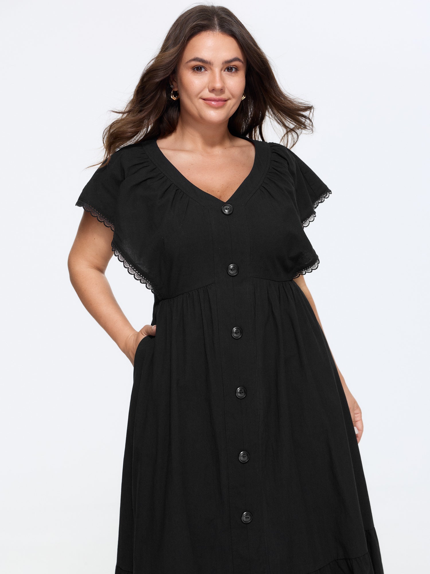 Cotton Button-Front Split Hem Midi Dress