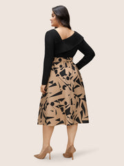Geometric Contrast Patchwork Asymmetrical Neck Belted Dress