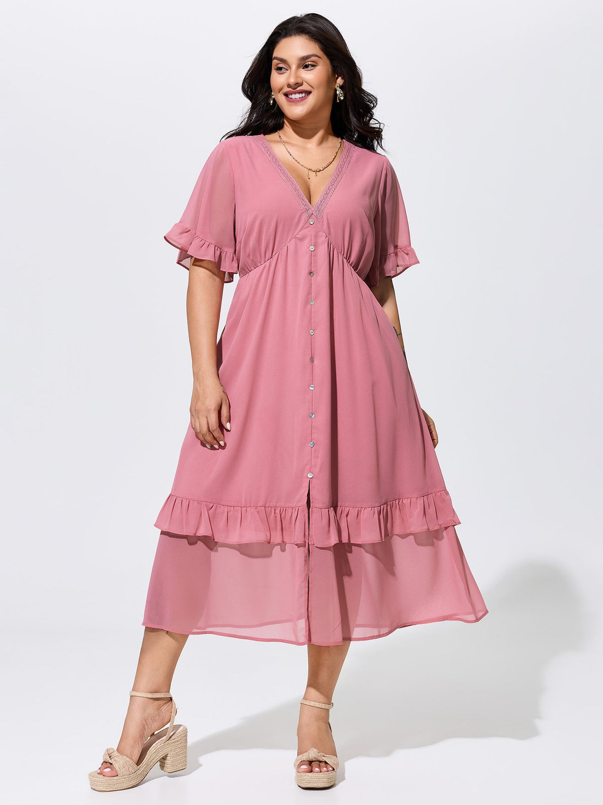 Supersoft Lace Trim Ruffled Hem Maxi Dress