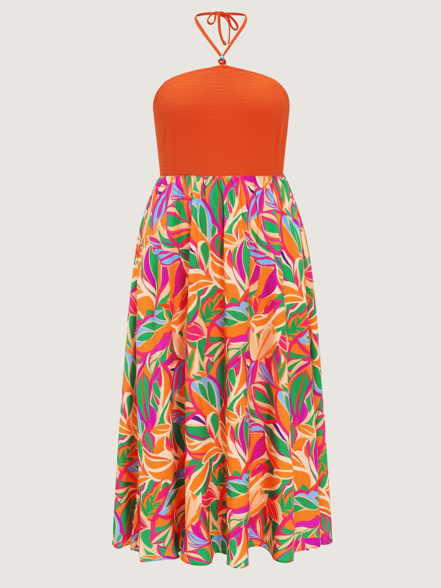 Tropical Floral Print Halter Neck Shirred Midi Dress