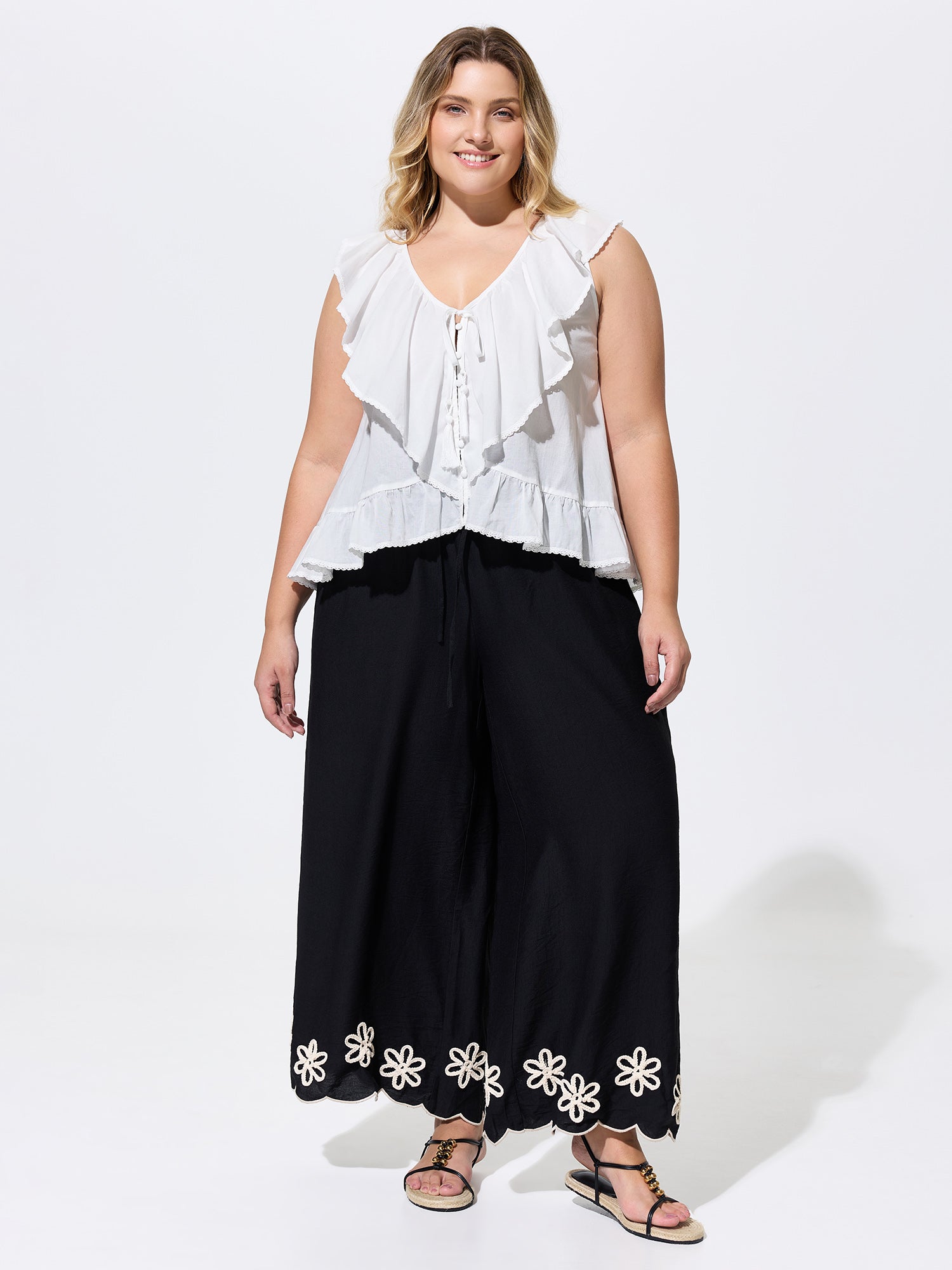 Cotton Ruffled Edges Tassel Plain Blouse