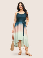 Tie Dye Belted Gathered Asymmetrical Hem Dress