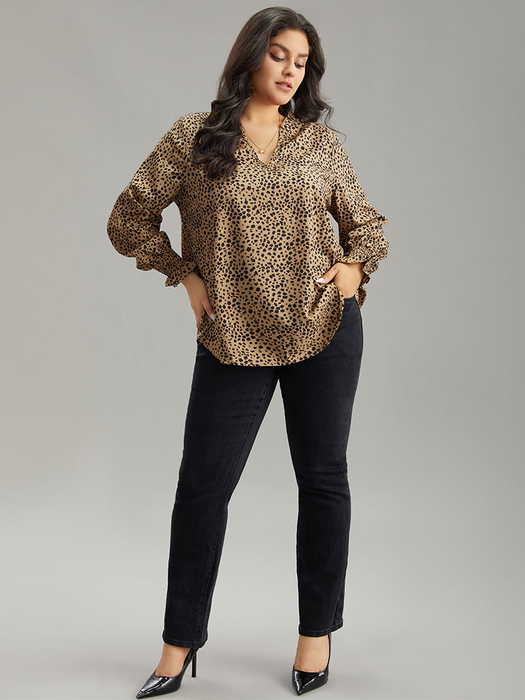 Leopard Shirred Notched Lantern Sleeve Blouse