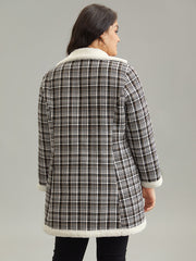 Plaid Fuzzy Trim Patchwork Lapel Collar Pocket Coat
