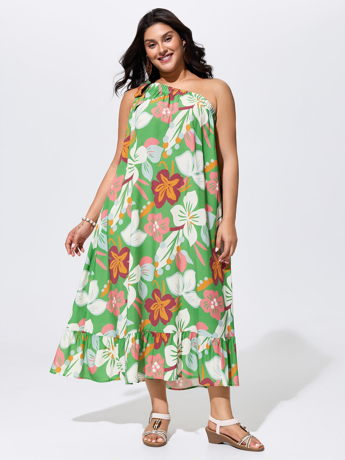 Colorful Floral Print One-Shoulder Tie Maxi Dress