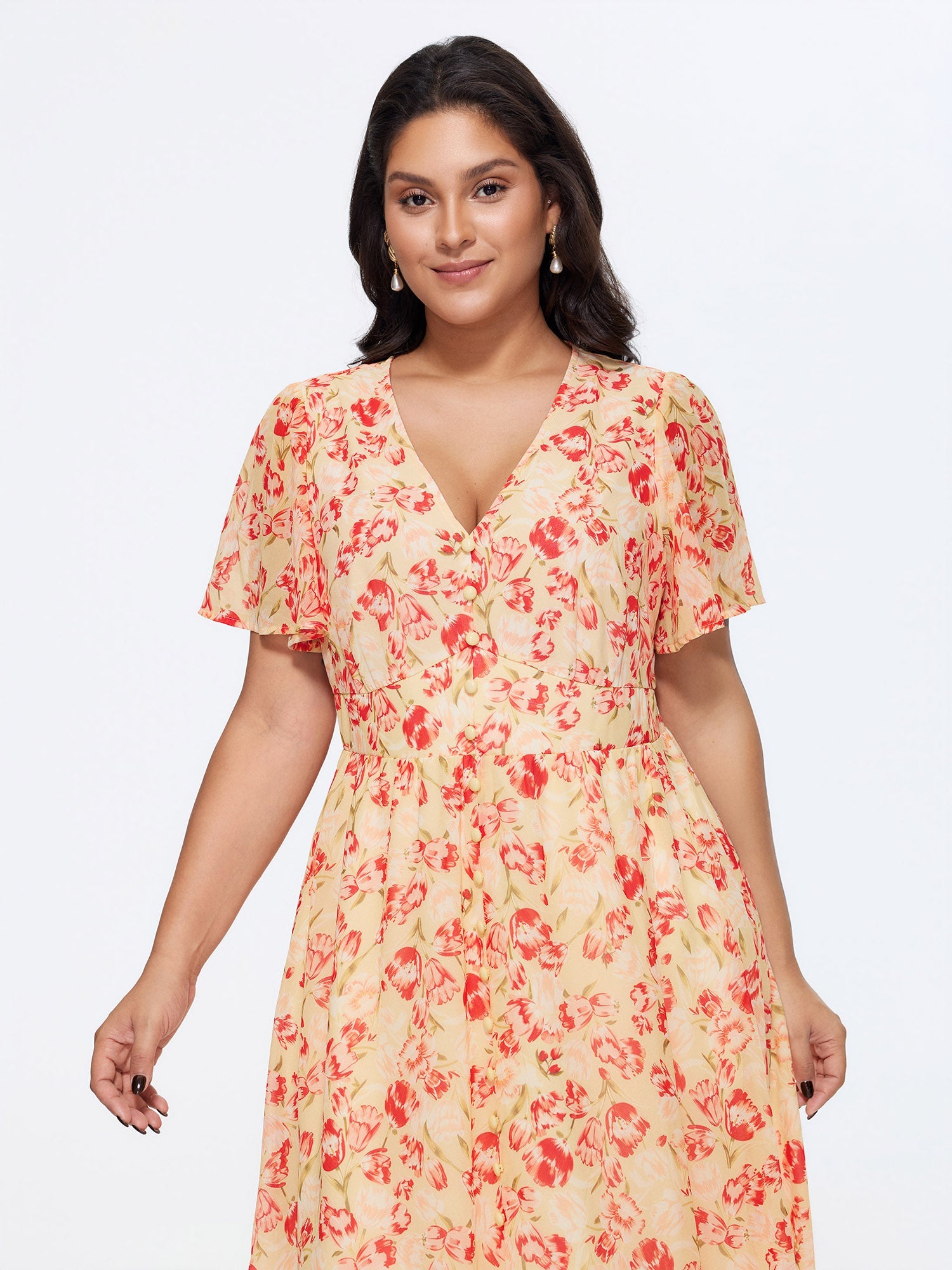 Floral Print Triangular Waist Shirred Midi Dress
