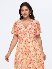 Floral Print Triangular Waist Shirred Midi Dress