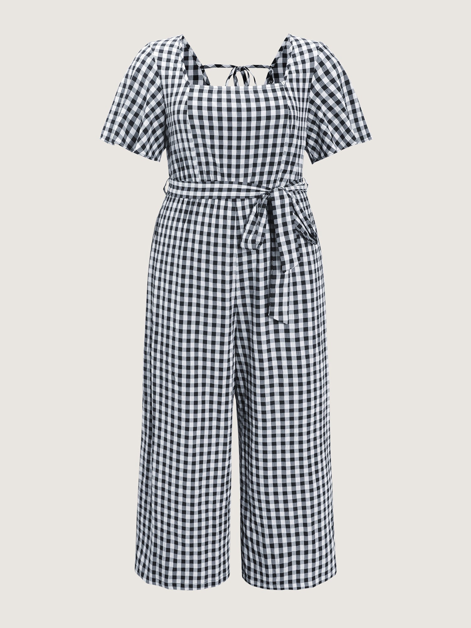 Checkered Print Pockets Waist-Tie Jumpsuit