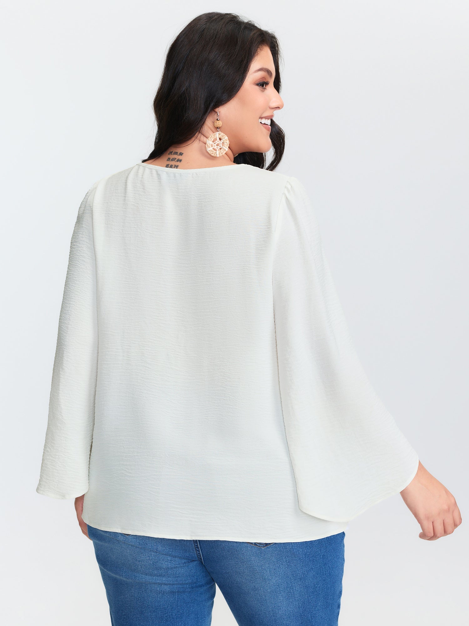 Star Moon Embroidered Neckline Flared Blouse