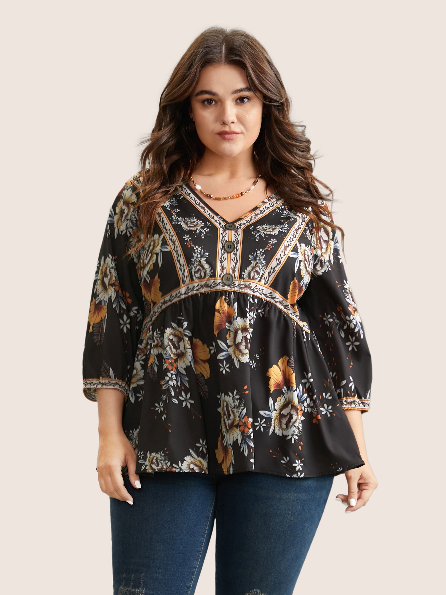 Boho Print V Neck Button Detail Gathered Blouse