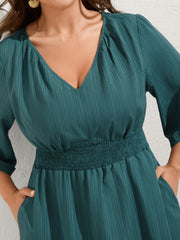 Textured Shirred-Waist Adjustable Pockets Midi Dress