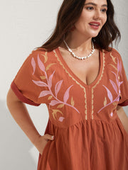 Cotton Leafy Embroidery Color Contrast Midi Dress