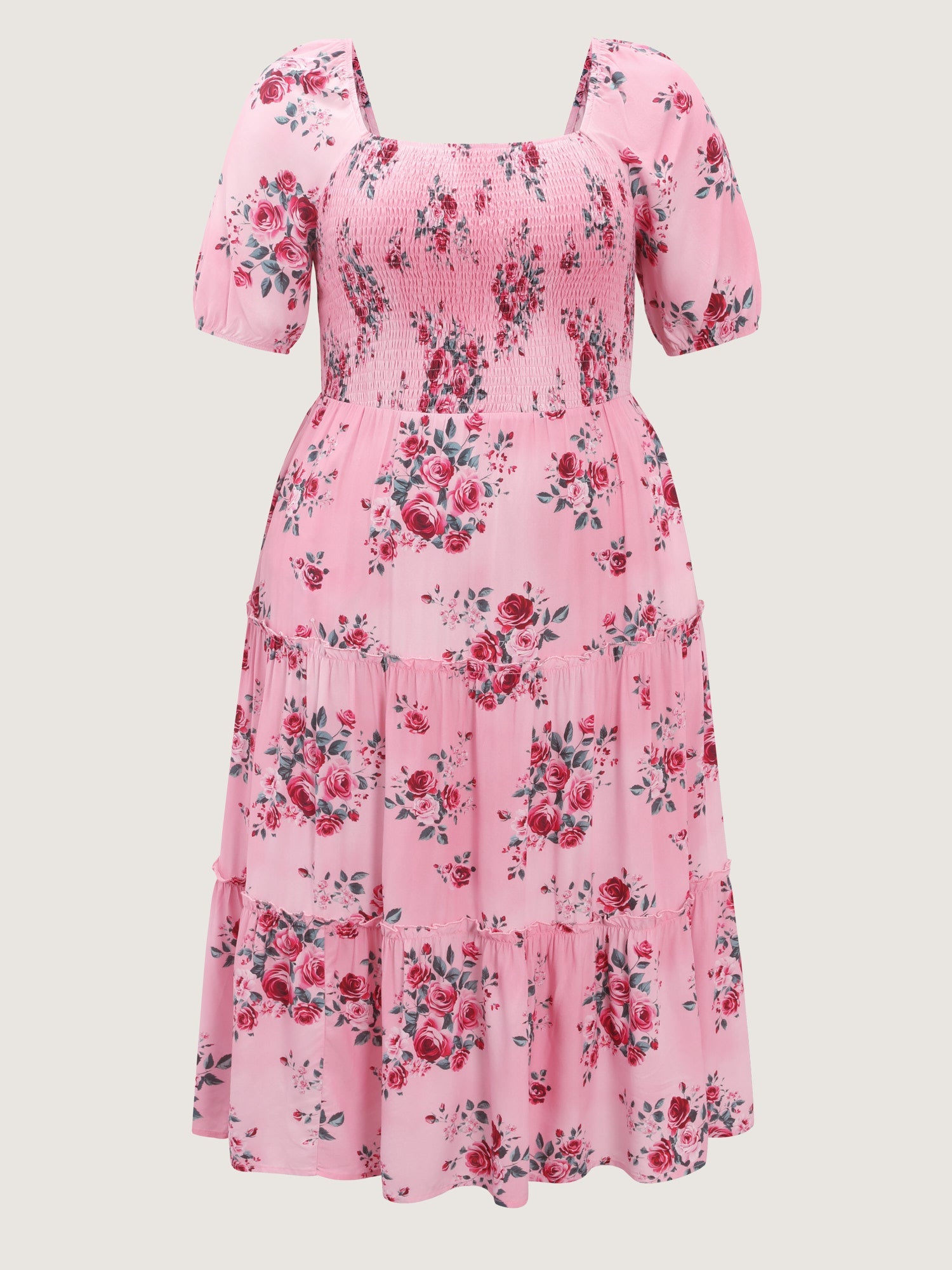 Rose Print Stretchy Waist Shirred Midi Dress