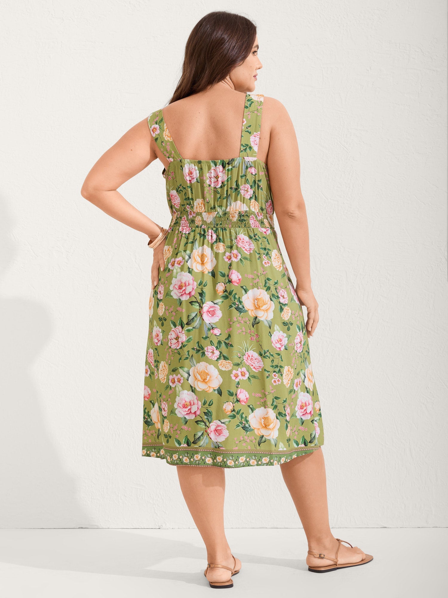Rayon Floral Shirred Pockets Midi Dress