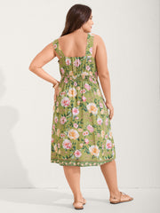 Rayon Floral Shirred Pockets Midi Dress