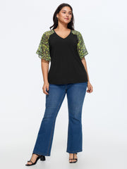 Sheer Floral Print Ruffled Cuff Sleeve Top