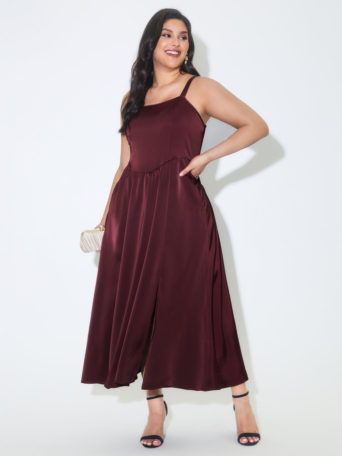Satin Square Neck Front Slit Slip Maxi Dress