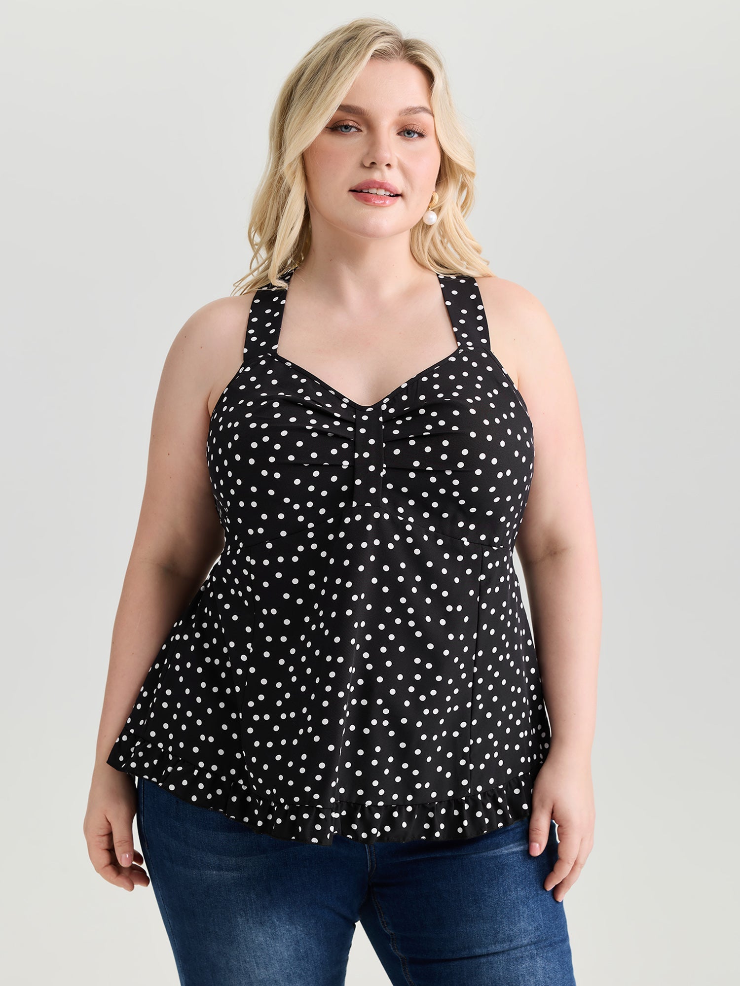 Polka Dot Print Gathered Bodice Tank Top