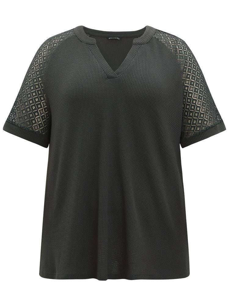 Plain Notched Crochet Lace Raglan Sleeve T-shirt