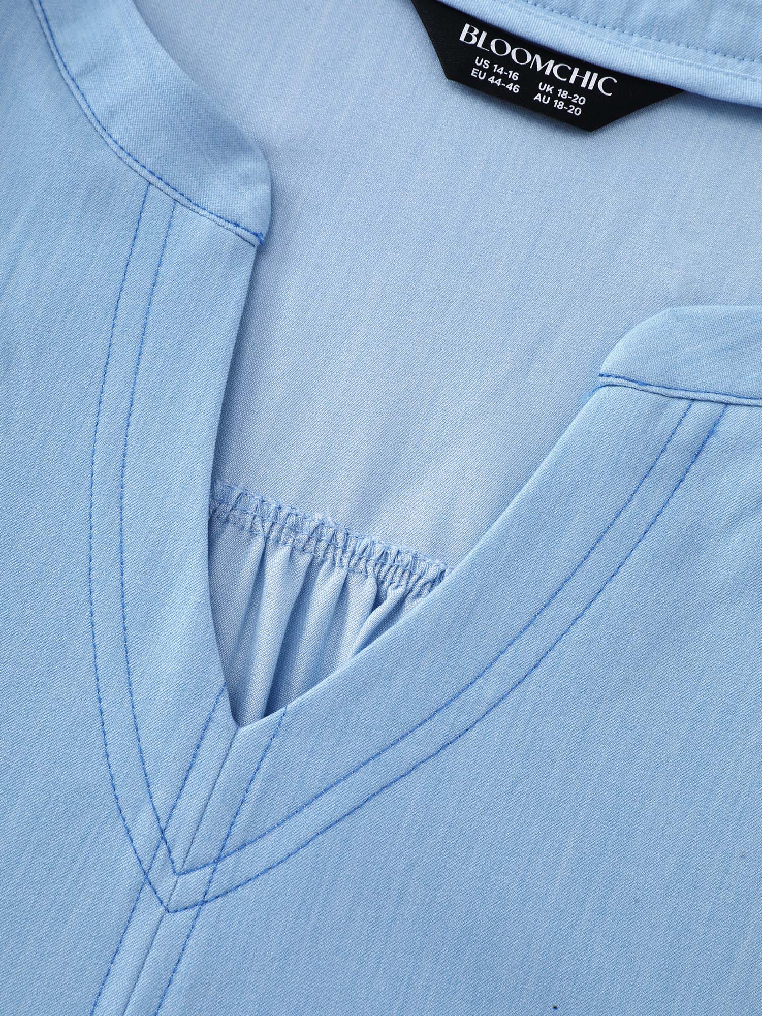 Supersoft Puffy Sleeve Notched Collar Plain Faux Denim Blouse