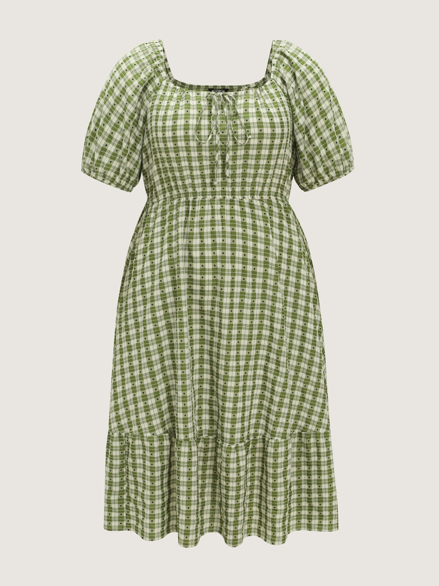 Gingham Print Adjustable Drawstring Neckline Midi Dress