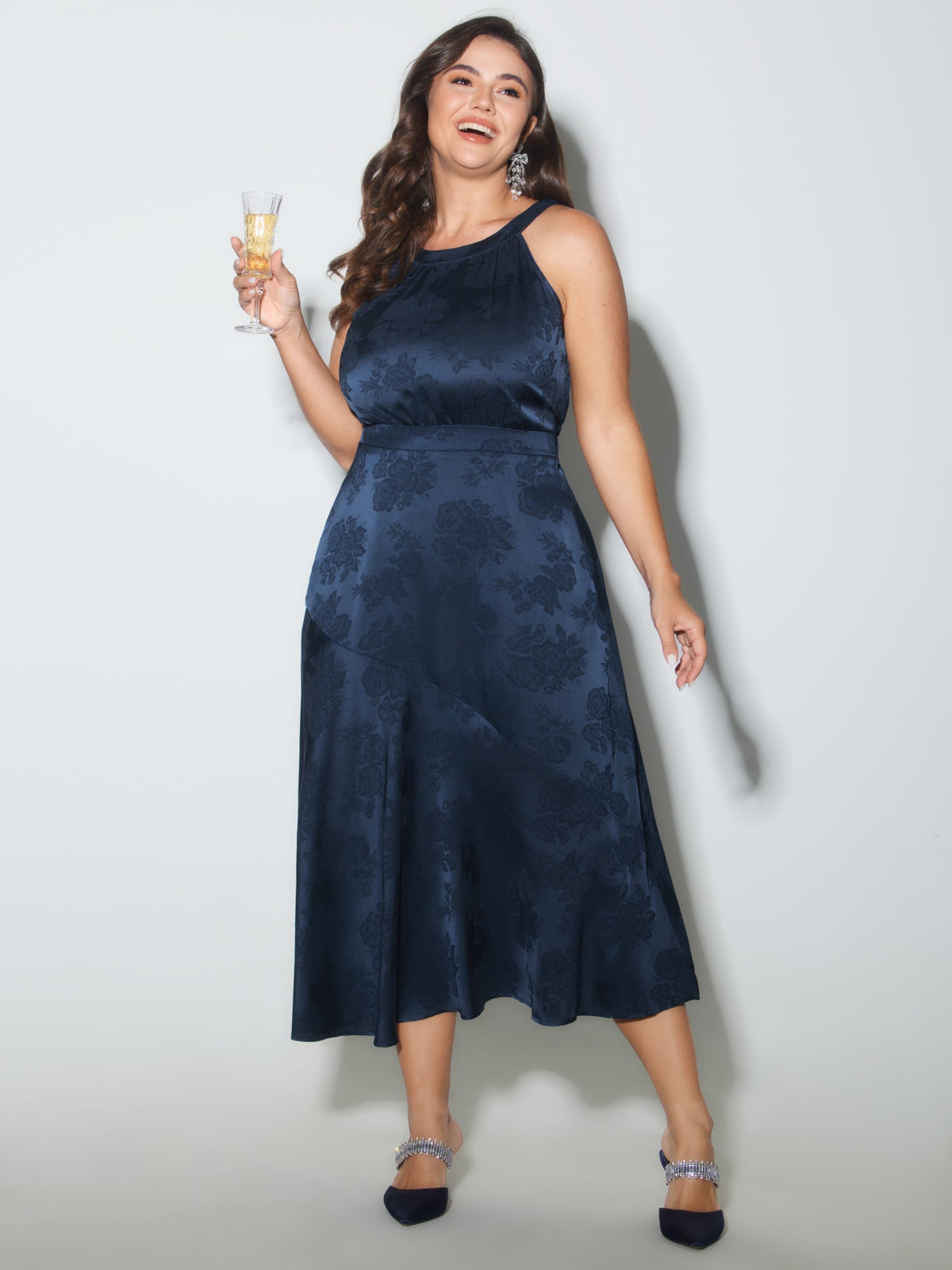 Satin Jacquard Asymmetrical Hem Midi Dress