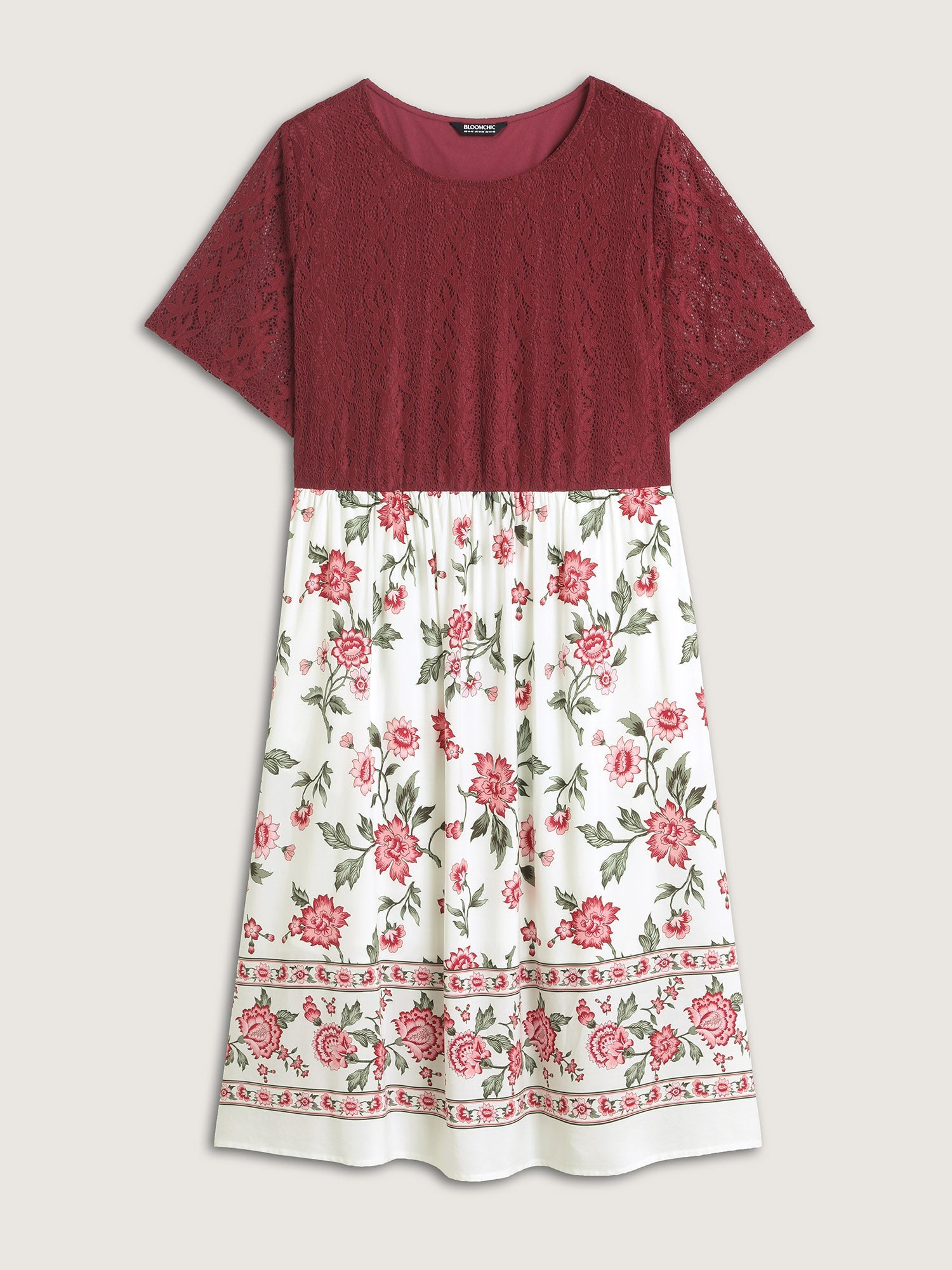 Floral Lace Stretchy Waist Contrast Midi Dress