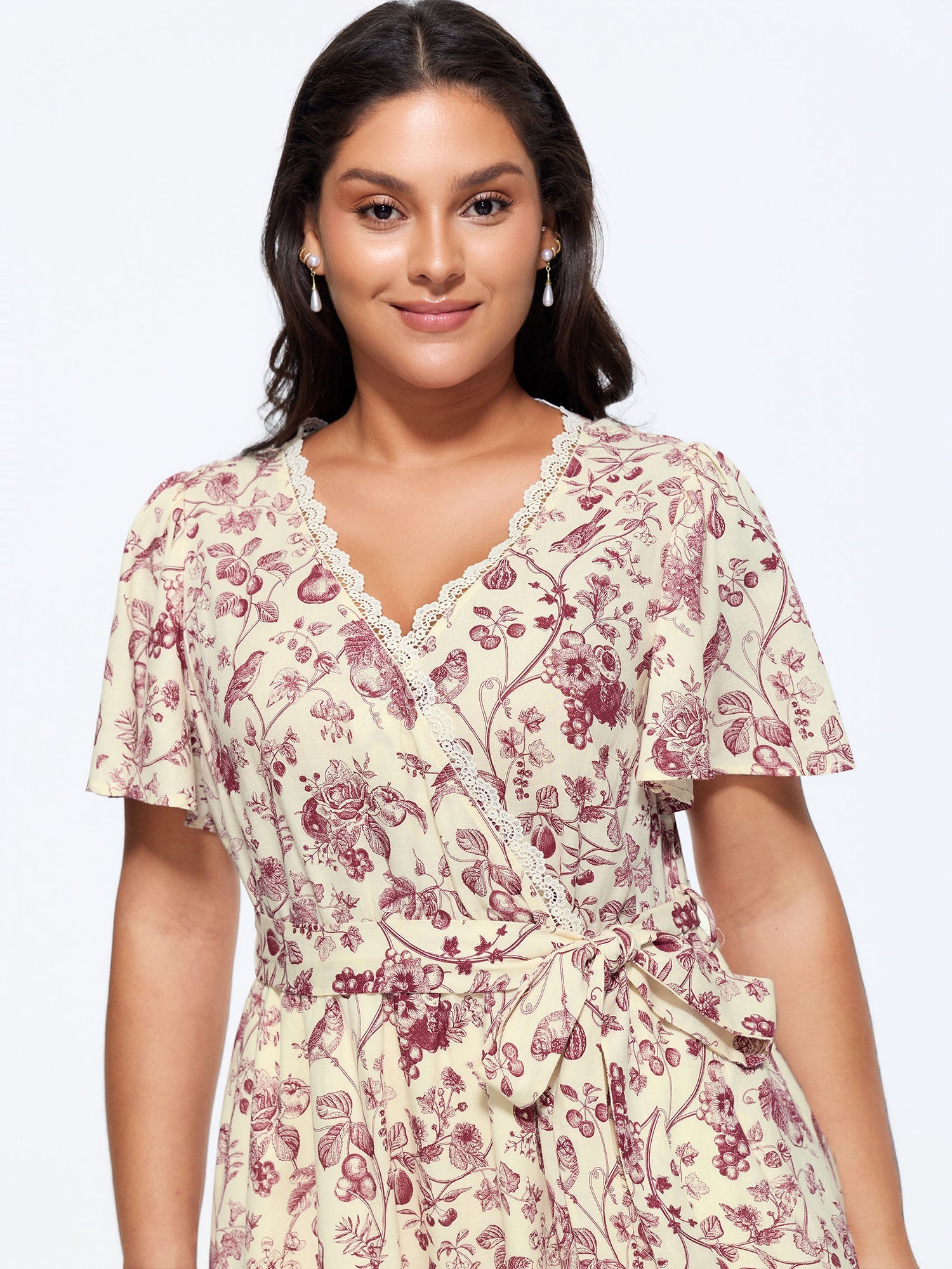 Garden Print Lace Neckline Midi Dress