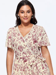 Garden Print Lace Neckline Midi Dress
