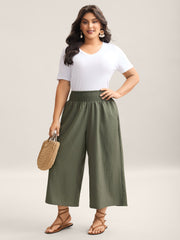 Shirred Waist Wide-Leg Solid Pants