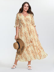 Leaf Print Wrap Neckline Ruffled Maxi Dress