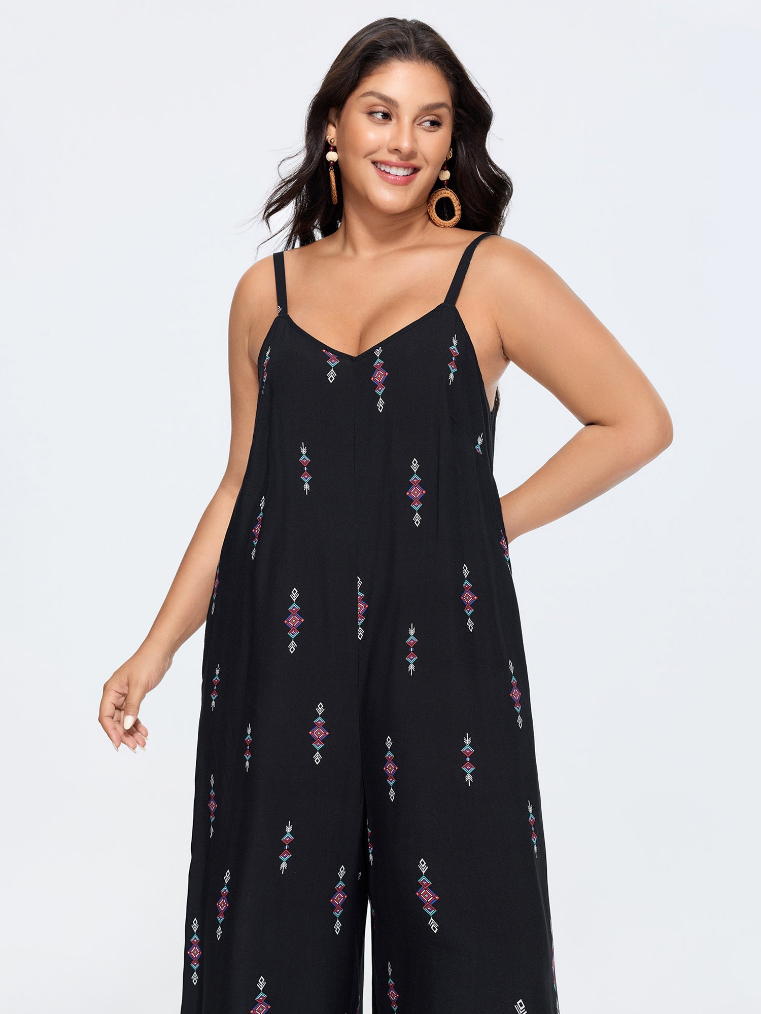 Geometric Print Adjustable Backless Drawstring Jumpsuit