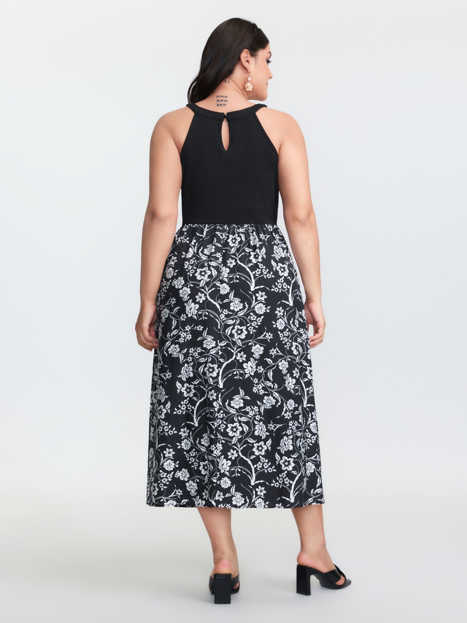 Floral Print Stretchy Waist Pockets Midi Dress