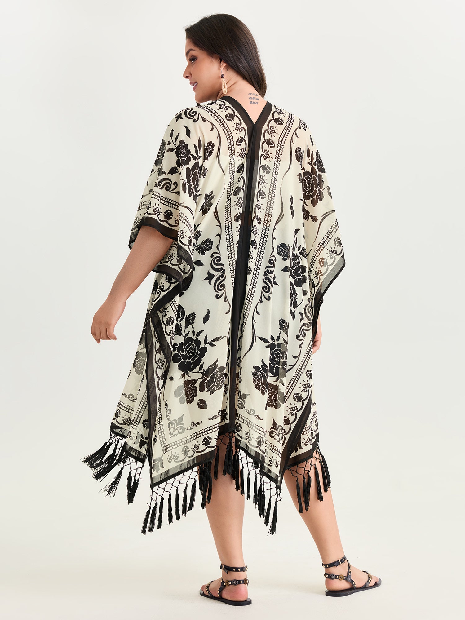 Floral Print Tassel Hem Open-Front Kimono