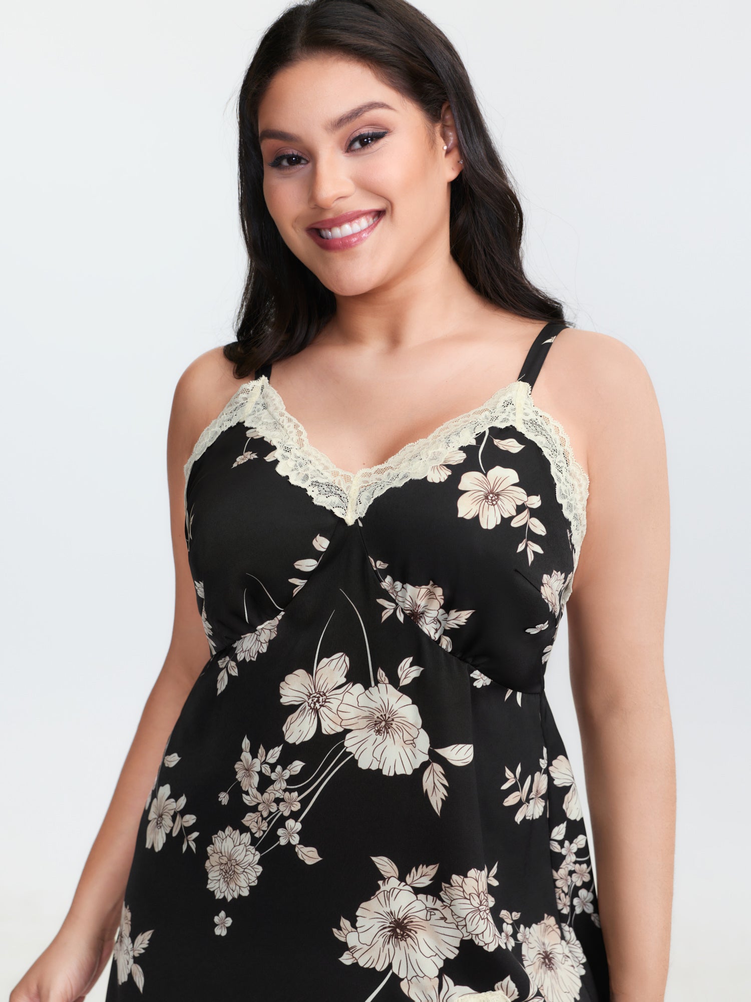 Floral Print Deep Lace Neckline Nightgown