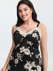 Floral Print Deep Lace Neckline Nightgown
