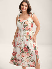 Rosy Print Bow Strap Pockets Midi Dress
