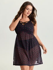 Sweetheart Print Sheer Crisscross Neckline Nightgown