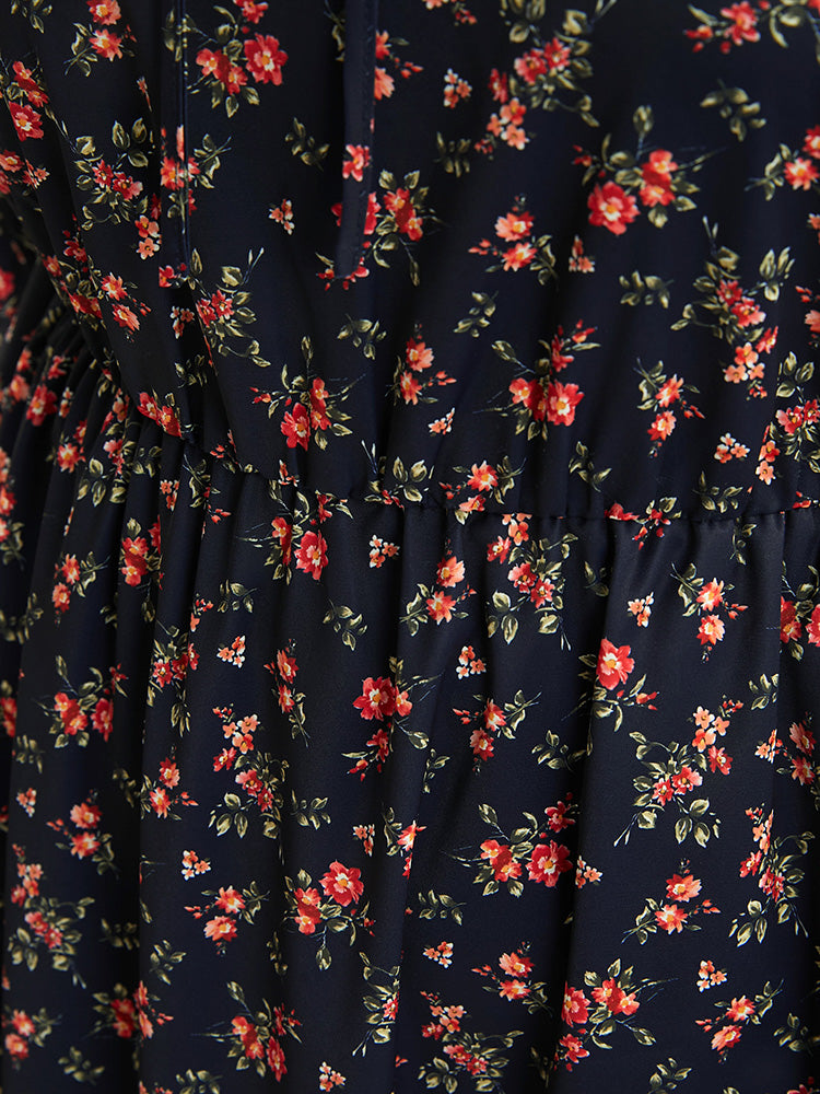 Ditsy Floral Frill Trim Tie Neck Pocket Arc Hem Dress