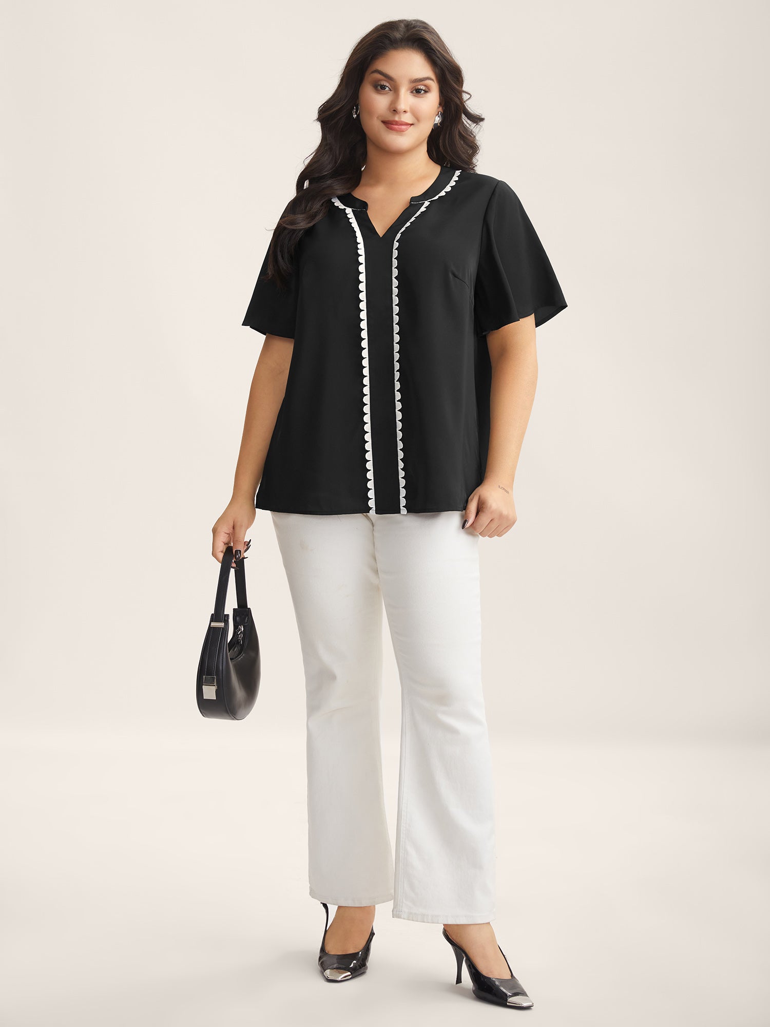 Lace Trim Notched Collar Solid Blouse