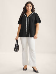 Lace Trim Notched Collar Solid Blouse