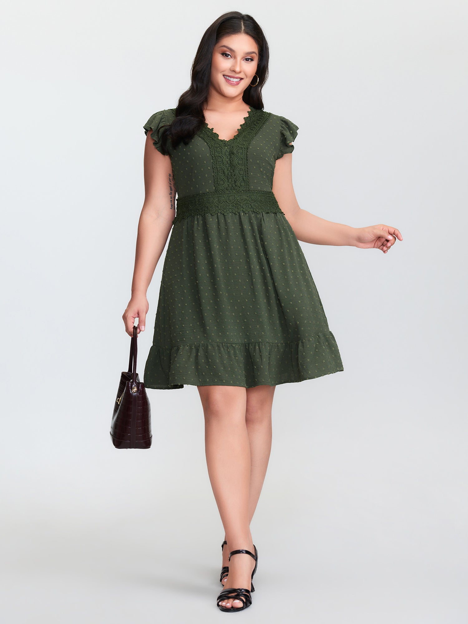 Textured Polka Dots Lace Trim Mini Dress