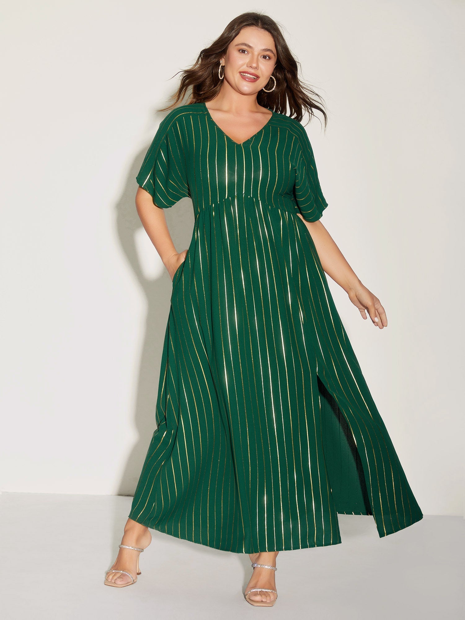 Gold Shimmery Stripes Pockets Midi Dress