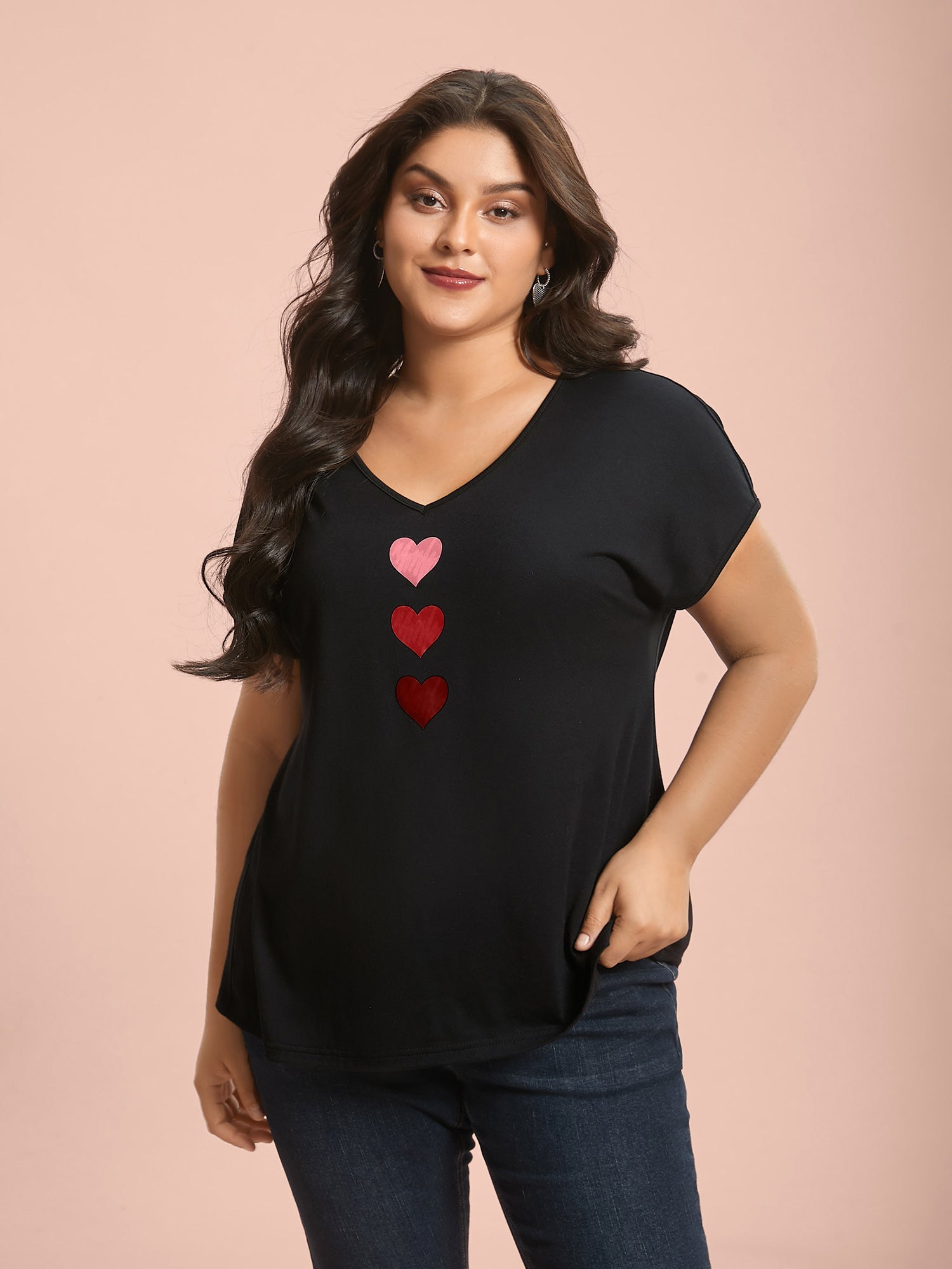 Heart Print Stretchy Dolman Sleeve T-Shirt