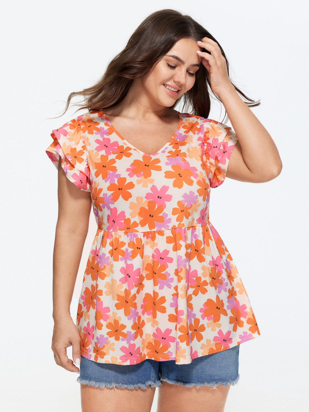 Stretchy Floral Print Ruffled Sleeve Knit Top