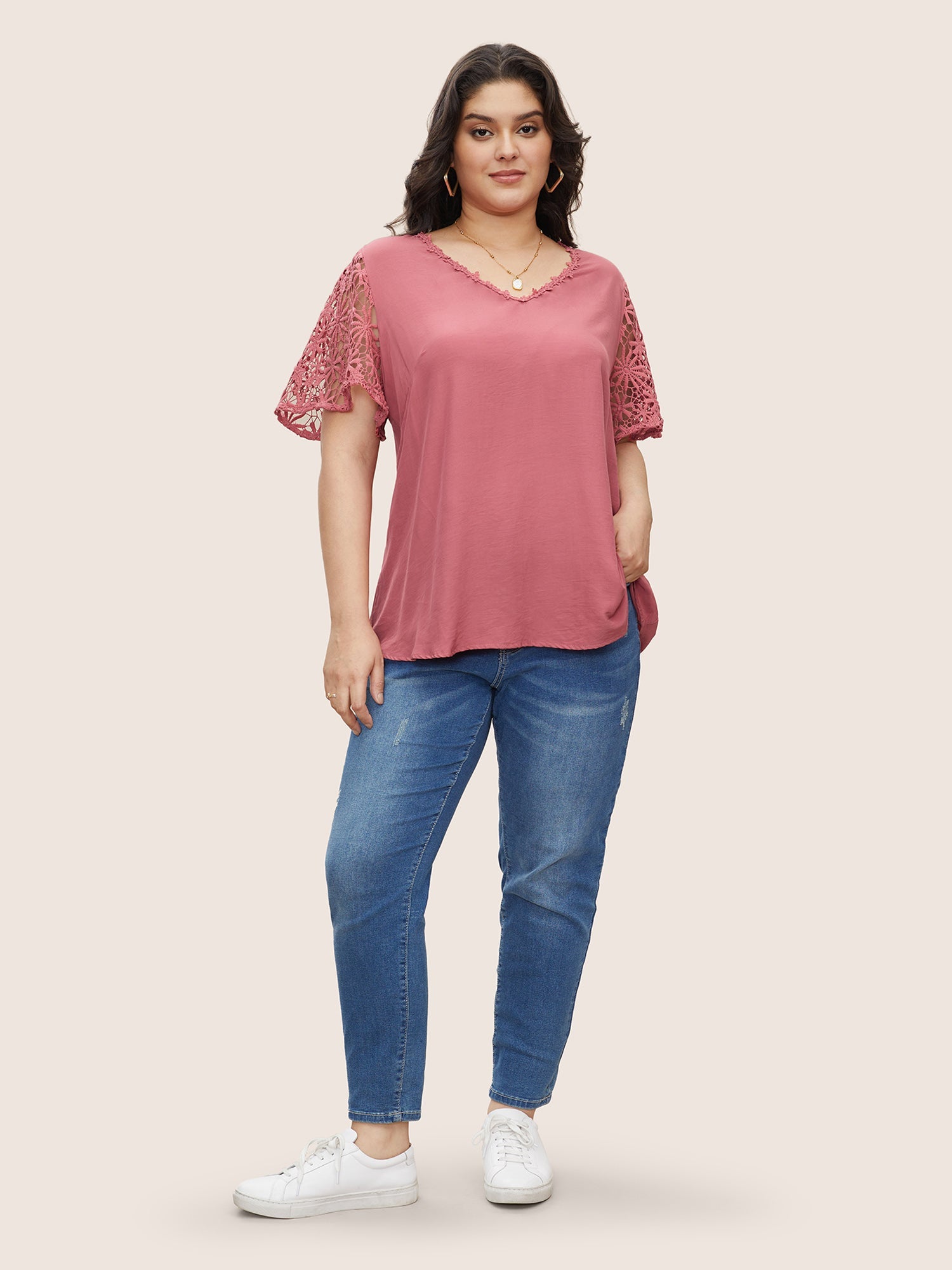 Plain V Neck Floral Patchwork Blouse