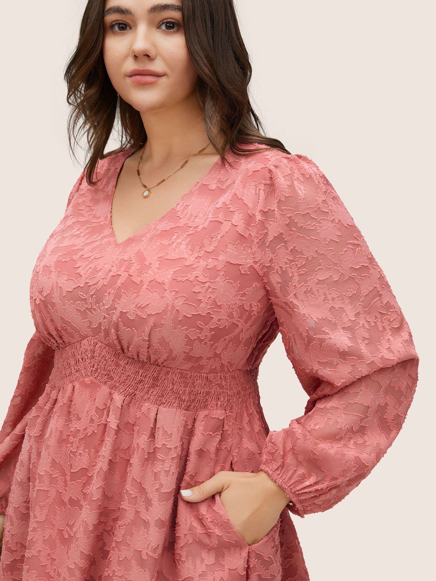 Jacquard Texture Shirred Elastic Waist Dress