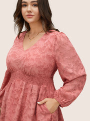 Jacquard Texture Shirred Elastic Waist Dress